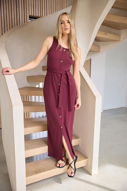 evans LTS Tall Burgundy Red Ribbed Button Through Maxi Dress