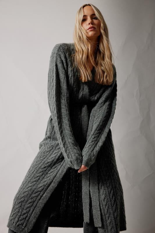 evans LTS Tall Charcoal Grey Cable Knit Midi Cardigan