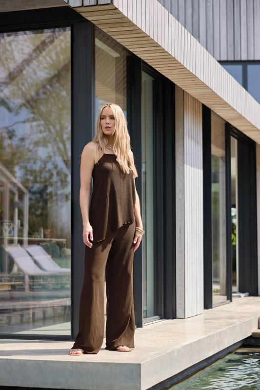 evans LTS Tall Chocolate Brown Textured Wide Leg Trousers