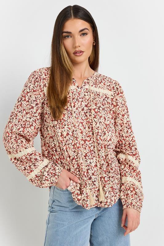 Evans LTS Tall Coral Orange Ditsy Floral Tassel Tie Blouse