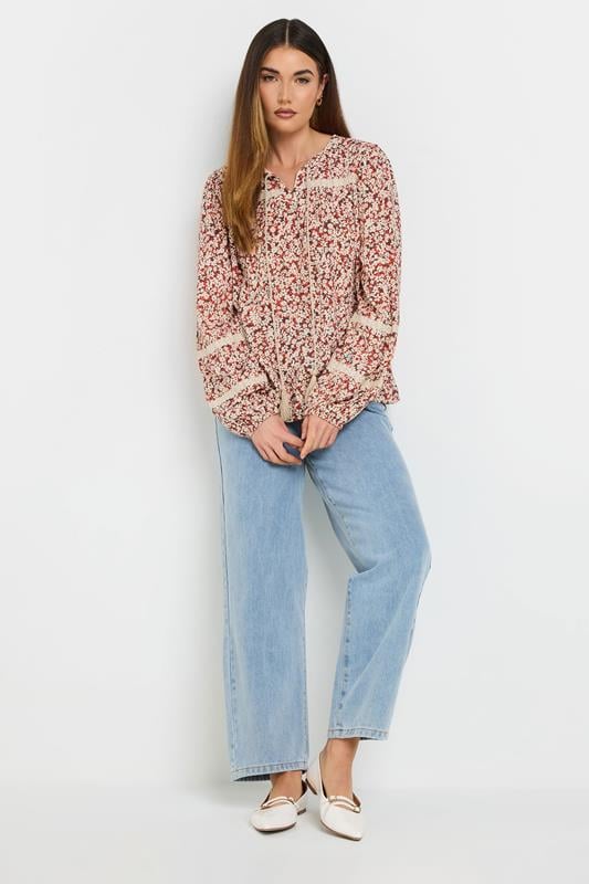 Evans LTS Tall Coral Orange Ditsy Floral Tassel Tie Blouse