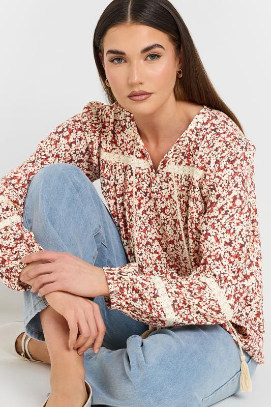 evans LTS Tall Coral Orange Ditsy Floral Tassel Tie Blouse