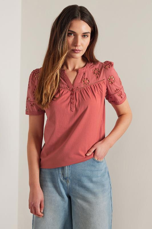 Evans LTS Tall Coral Pink Cotton Broderie Short Sleeve Top