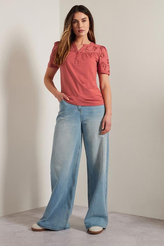 Evans LTS Tall Coral Pink Cotton Broderie Short Sleeve Top