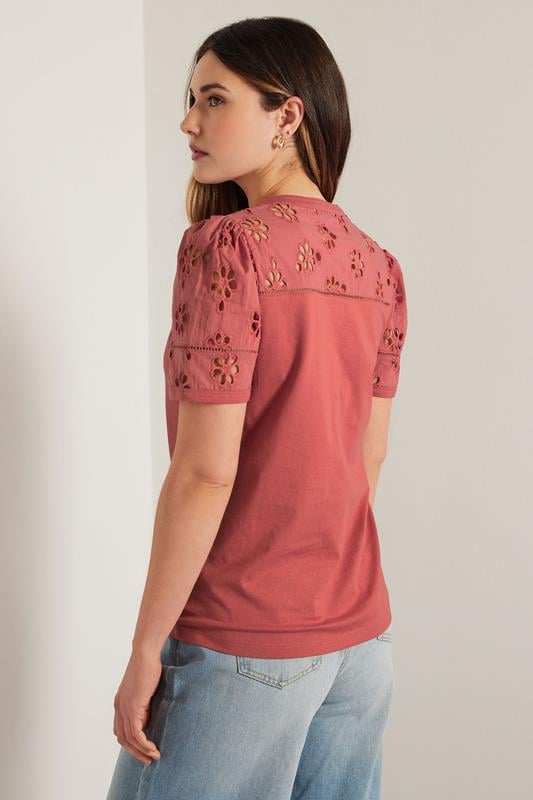 Evans LTS Tall Coral Pink Cotton Broderie Short Sleeve Top
