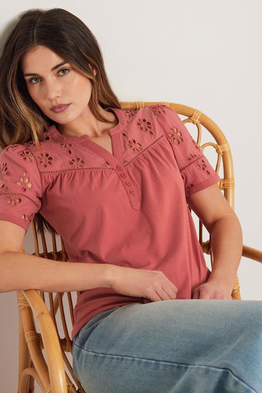 evans LTS Tall Coral Pink Cotton Broderie Short Sleeve Top