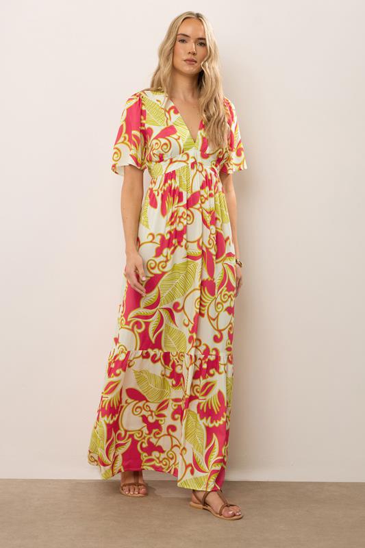 Evans LTS Tall Coral Red Abstract Palm Flutter Maxi Dress