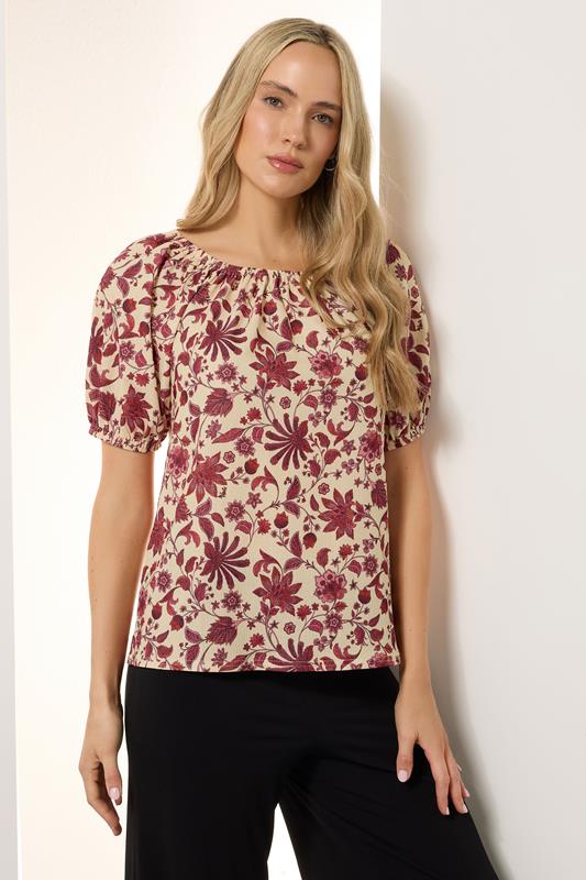 Evans LTS Tall Coral Red Floral Print Tie Front Top