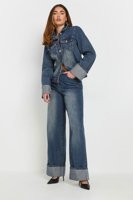 Evans LTS Tall Dark Blue Washed Denim Turn Up Sleeve Jacket