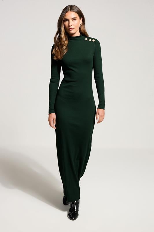 evans LTS Tall Dark Green Ribbed Shoulder Button Maxi Dress