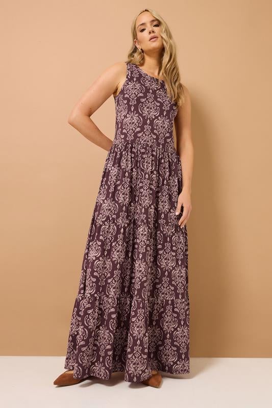 Evans LTS Tall Dark Purple Aztec Print Tiered Maxi Dress