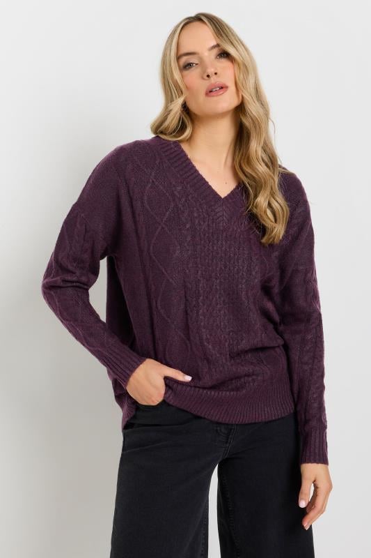 evans LTS Tall Dark Purple Cable Knit V-Neck Jumper
