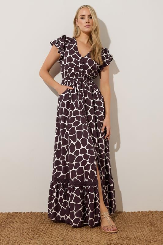 Evans LTS Tall Dark Purple Giraffe Print Button Lace Insert Maxi Dress