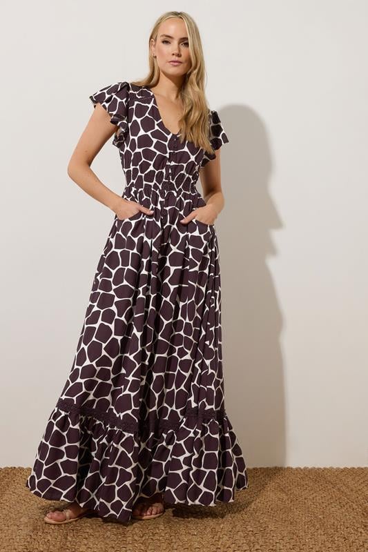 Evans LTS Tall Dark Purple Giraffe Print Button Lace Insert Maxi Dress