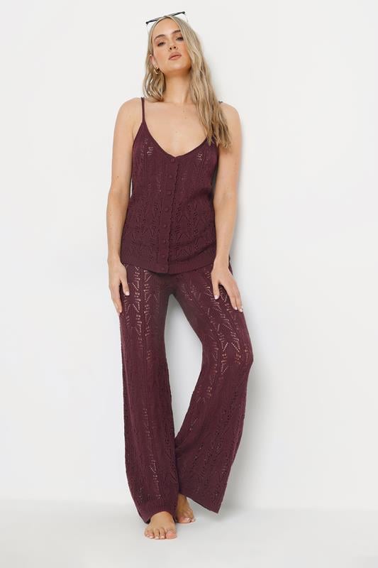 Evans LTS Tall Dark Purple Pointelle Knit Wide Leg Trousers