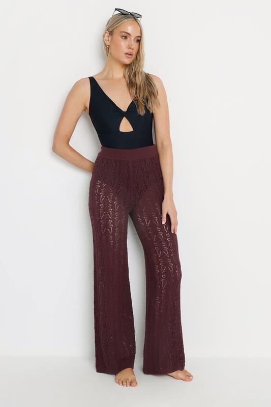 Evans LTS Tall Dark Purple Pointelle Knit Wide Leg Trousers