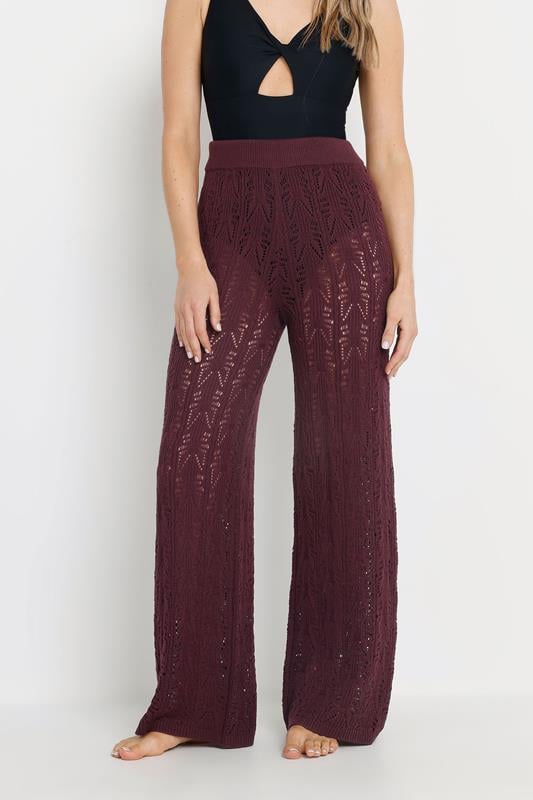 Evans LTS Tall Dark Purple Pointelle Knit Wide Leg Trousers
