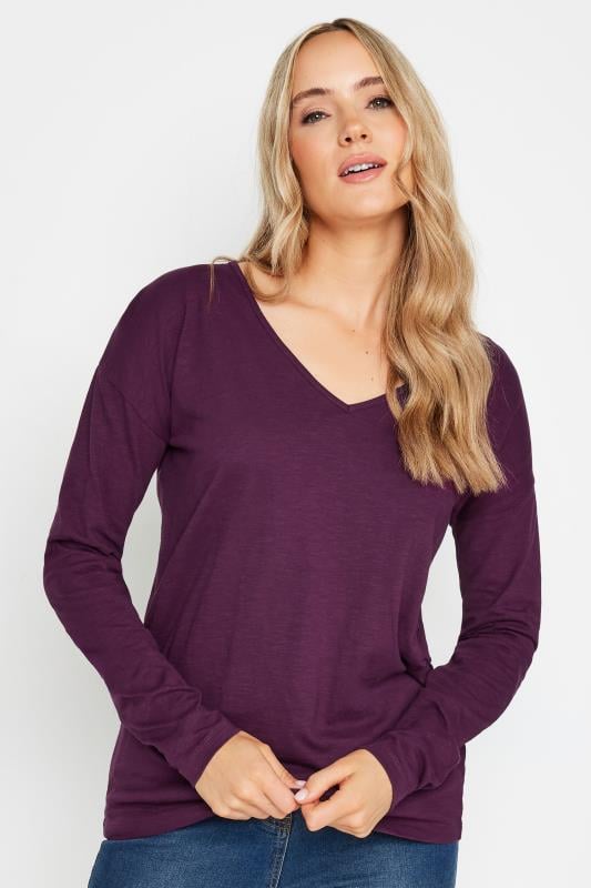 evans LTS Tall Dark Purple V-Neck Long Sleeve Cotton T-Shirt