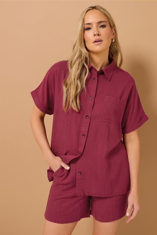 Evans LTS Tall Dark Red Linen Oversized Short Sleeve Shirt
