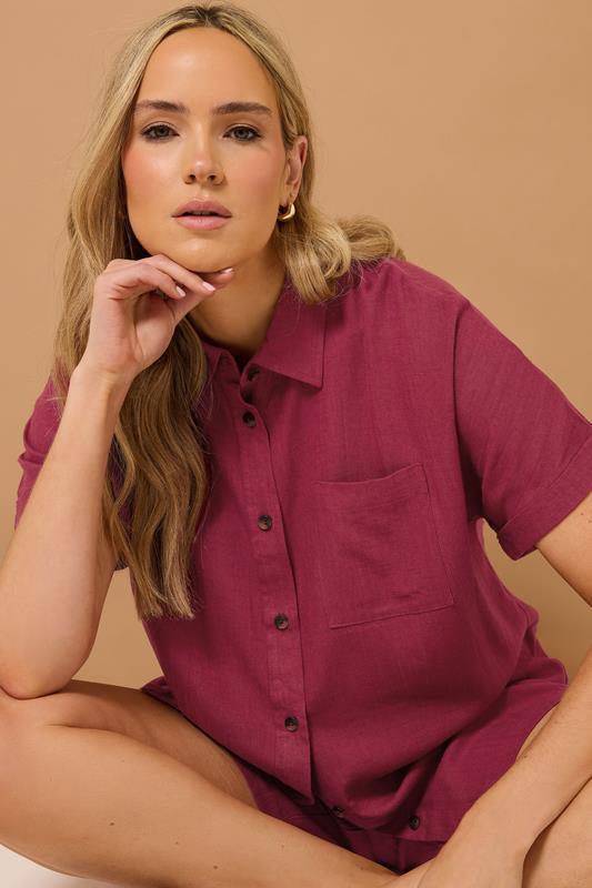 Evans LTS Tall Dark Red Linen Oversized Short Sleeve Shirt