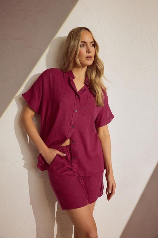 evans LTS Tall Dark Red Linen Oversized Short Sleeve Shirt