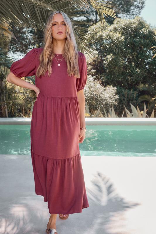 evans LTS Tall Dark Red Puff Sleeve Tiered Midaxi Dress