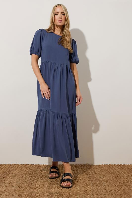Evans LTS Tall Denim Blue Puff Sleeve Tiered Midaxi Dress