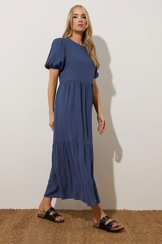 evans LTS Tall Denim Blue Puff Sleeve Tiered Midaxi Dress