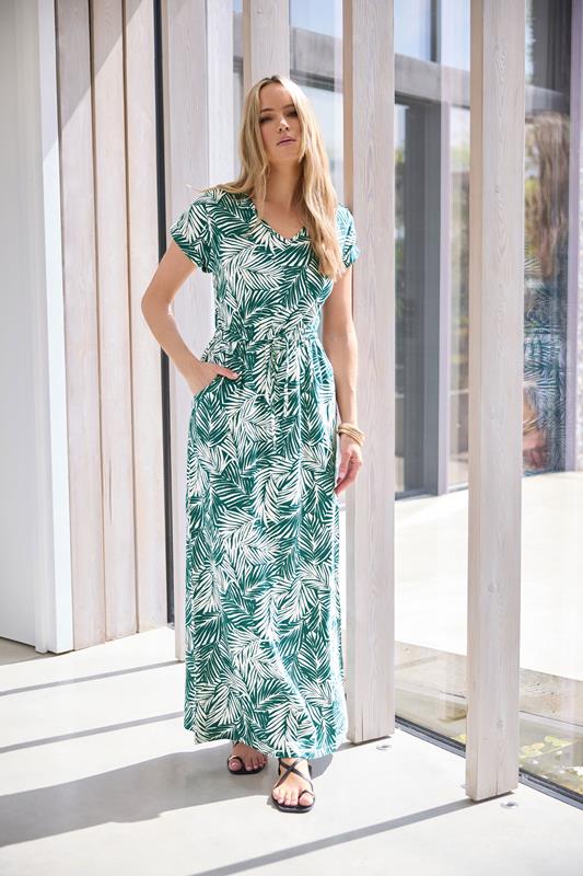 evans LTS Tall Green Cotton Tropical Palm Print Drawstring Maxi Dress