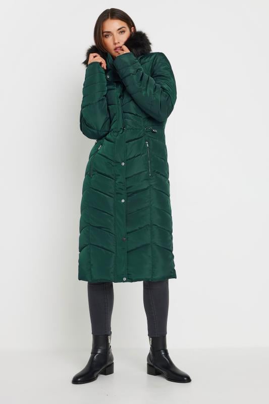 Evans LTS Tall Green Faux Fur Trim Padded Longline Coat