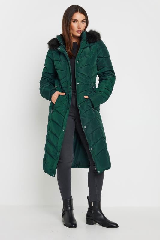 evans LTS Tall Green Faux Fur Trim Padded Longline Coat