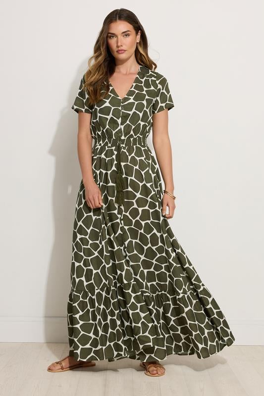 Evans LTS Tall Green Giraffe Print Button Maxi Dress