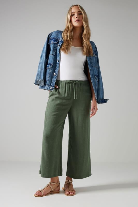 Evans LTS Tall Green Linen Cropped Wide Leg Trousers