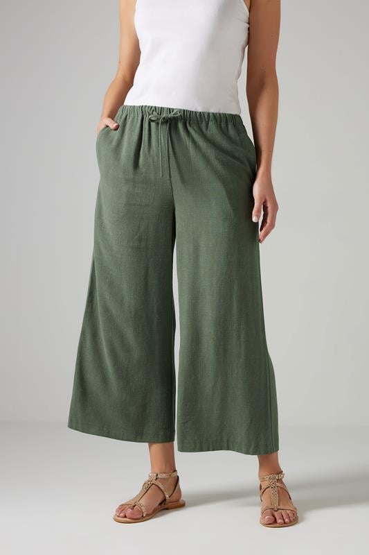 Evans LTS Tall Green Linen Cropped Wide Leg Trousers