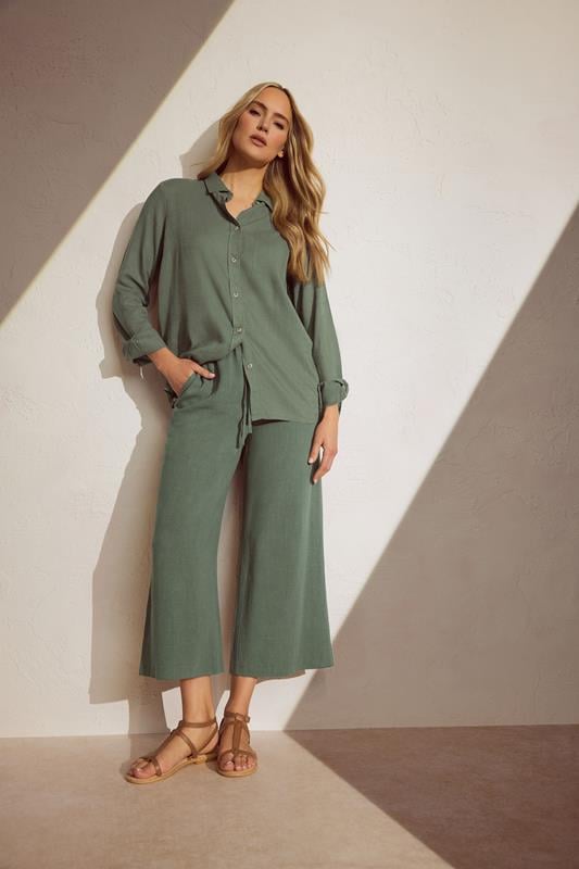 evans LTS Tall Green Linen Cropped Wide Leg Trousers