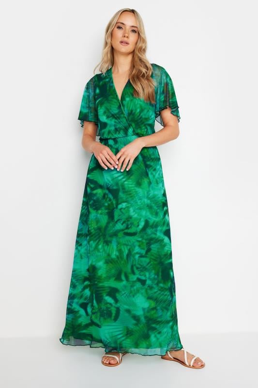 Evans LTS Tall Green Palm Print Mesh Wrap Maxi Dress
