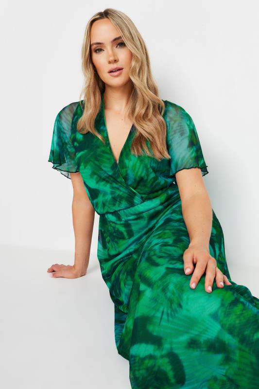 Evans LTS Tall Green Palm Print Mesh Wrap Maxi Dress