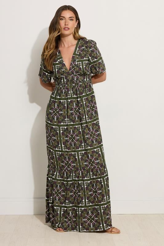 Evans LTS Tall Green Tile Print V-Neckline Maxi Dress