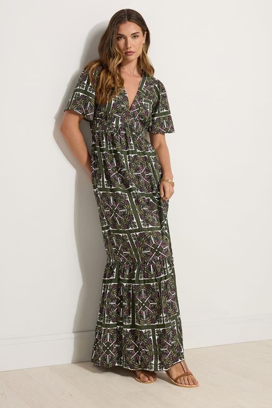 Evans LTS Tall Green Tile Print V-Neckline Maxi Dress