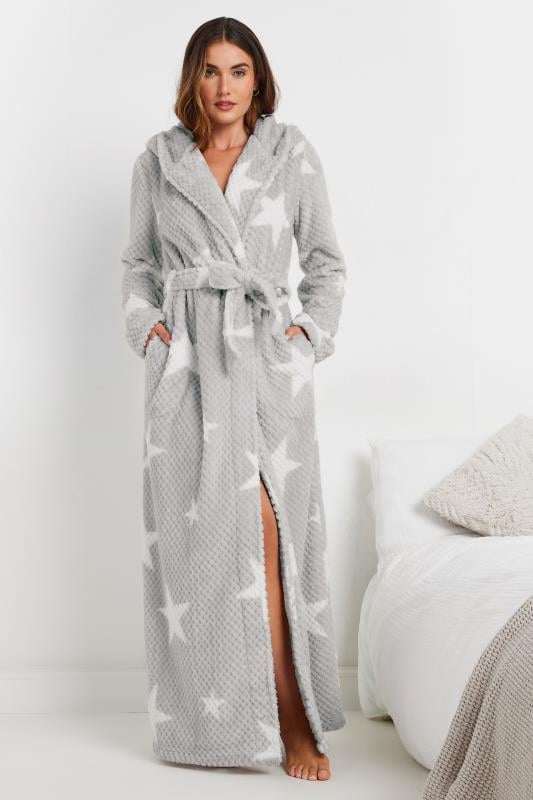 Evans LTS Tall Grey Star Print Waffle Maxi Dressing Gown