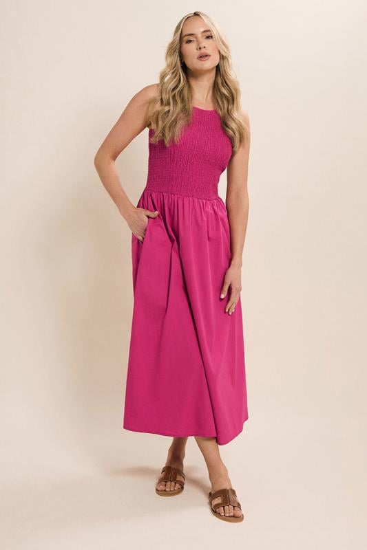Evans LTS Tall Hot Pink Cotton Shirred Full Skirt Midaxi Dress
