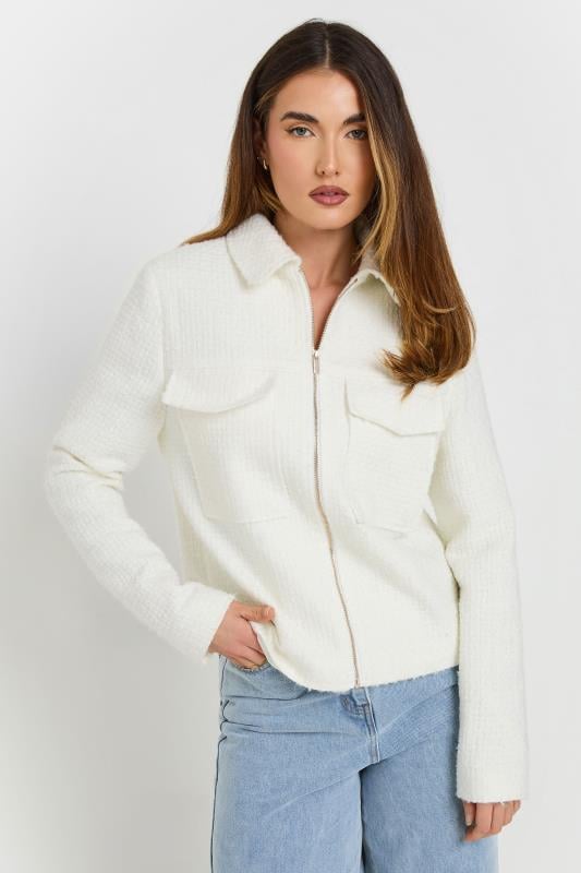 evans LTS Tall Ivory White Boucle Zip Bomber Jacket