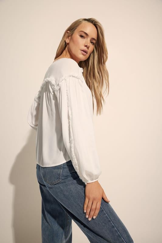 Evans LTS Tall Ivory White Fringed Seam Tie Neck Blouse
