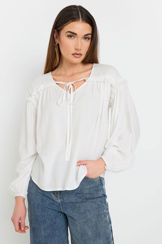 Evans LTS Tall Ivory White Fringed Seam Tie Neck Blouse