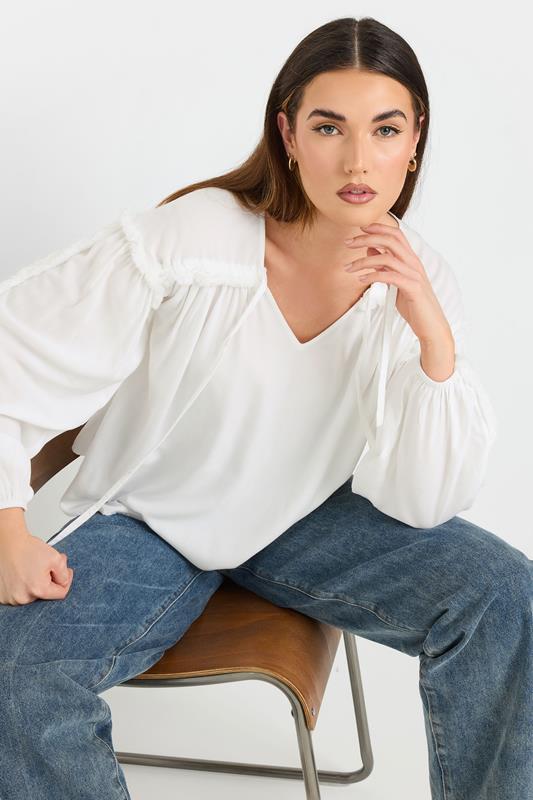 evans LTS Tall Ivory White Fringed Seam Tie Neck Blouse