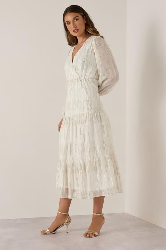 Evans LTS Tall Ivory White Metallic Dash Tiered Midaxi Dress