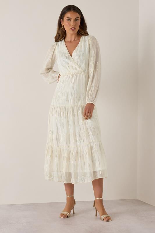 evans LTS Tall Ivory White Metallic Dash Tiered Midaxi Dress