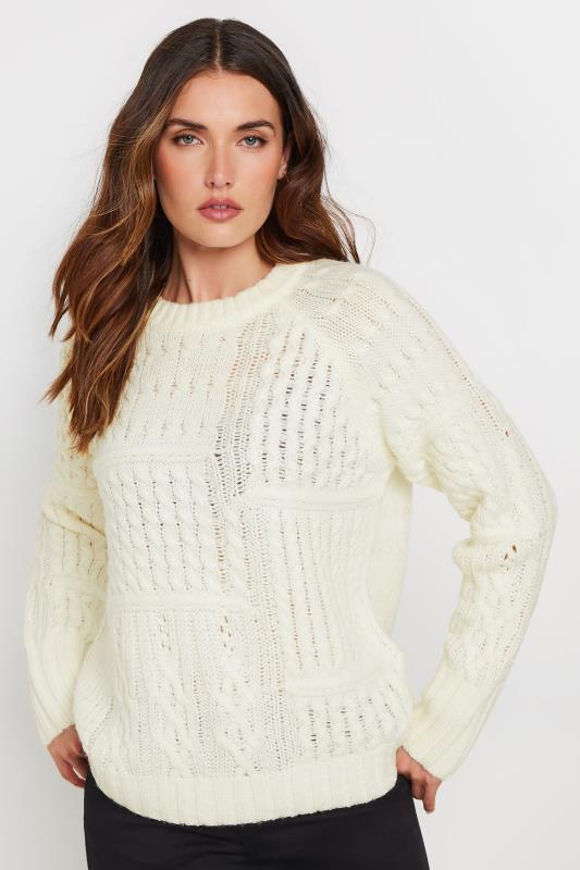 evans LTS Tall Ivory White Patchwork Cable Knit Jumper