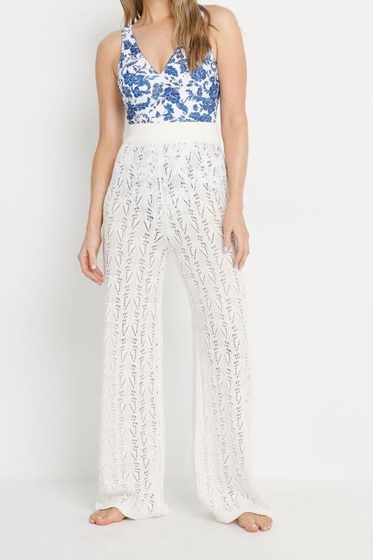 Evans LTS Tall Ivory White Pointelle Knit Wide Leg Trousers