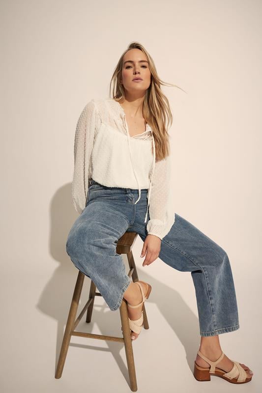 Evans LTS Tall Ivory White Sheer Dobby Tie Neck Blouse